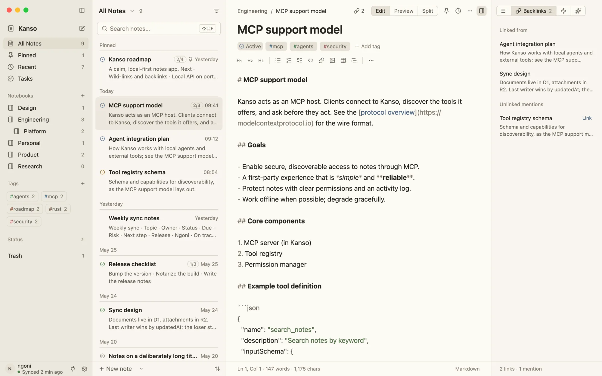 The inspector panel listing notes that link to the current note, and an unlinked mention with a Link button