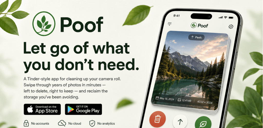 Poof Play Store feature graphic: the wordmark and headline "Let go of what you don't need." beside a phone showing the swipe deck
