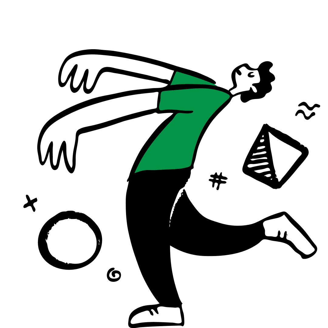 Hand-drawn illustration of a person mid-throw, arms swinging, in a green shirt