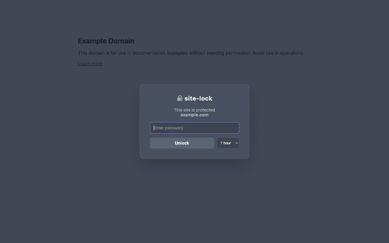 A password lock card covering example.com, asking for the master password with a one-hour unlock selector