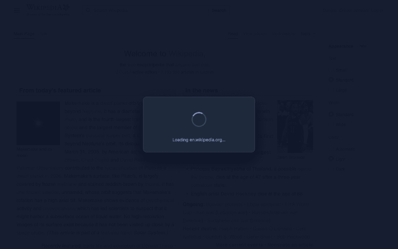 Wikipedia dimmed behind a spinner card reading "Loading en.wikipedia.org…"