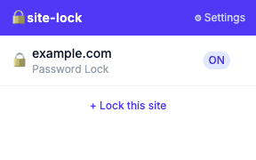 Site Lock toolbar popup showing example.com locked with Password Lock and a "Lock this site" action