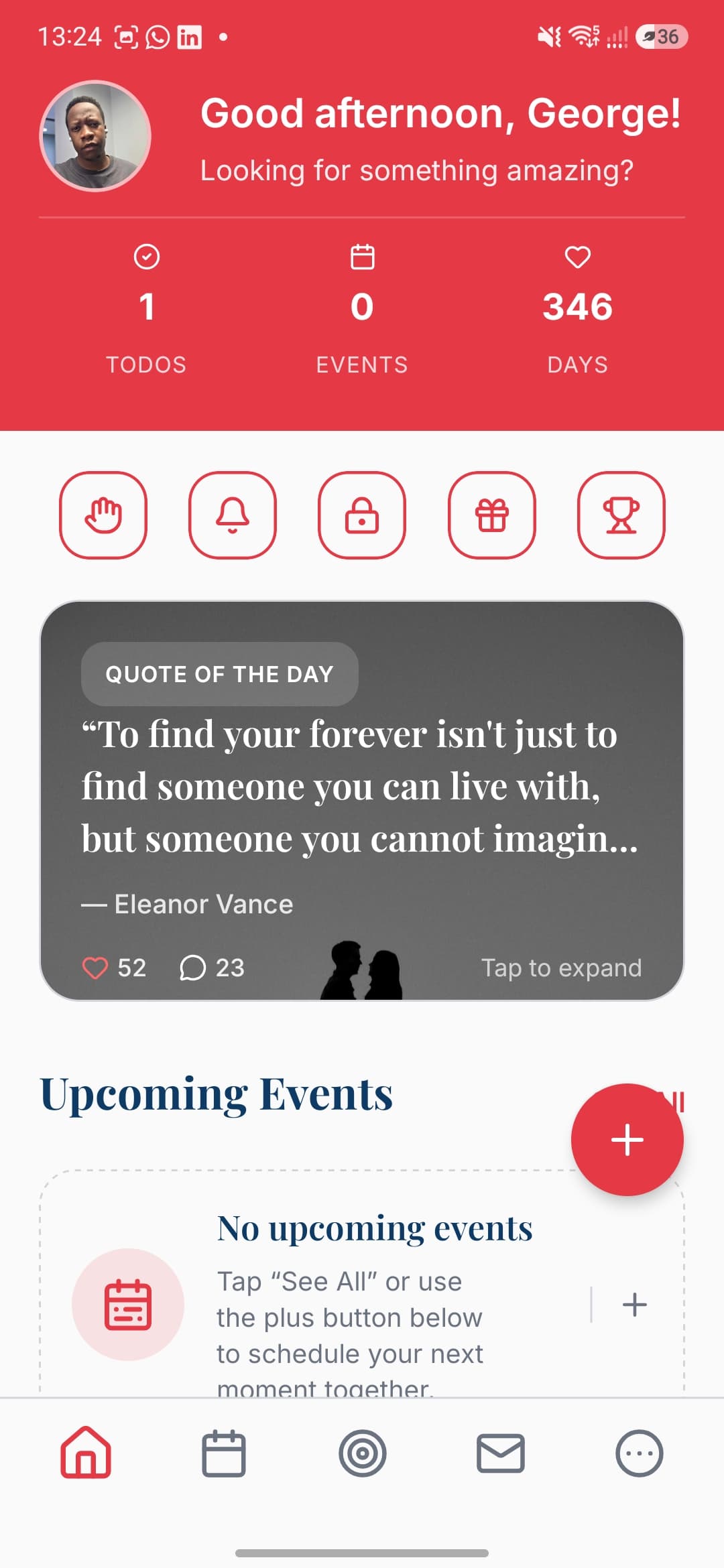 Oddah dashboard showing todos, events and days-together counters, quick actions, the quote of the day and upcoming events
