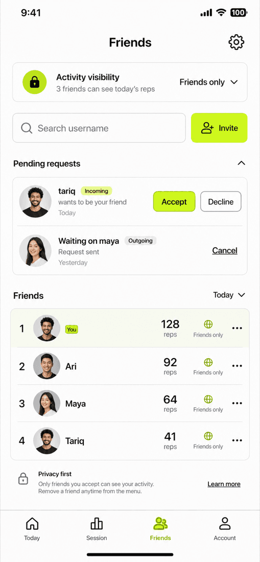 Friends screen with activity visibility control, username search, pending requests and a ranked friends list