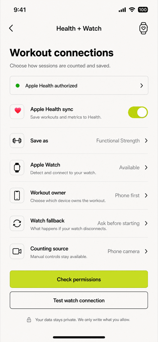 Health and Watch settings listing Apple Health authorization, workout type, Apple Watch availability, workout owner and counting source